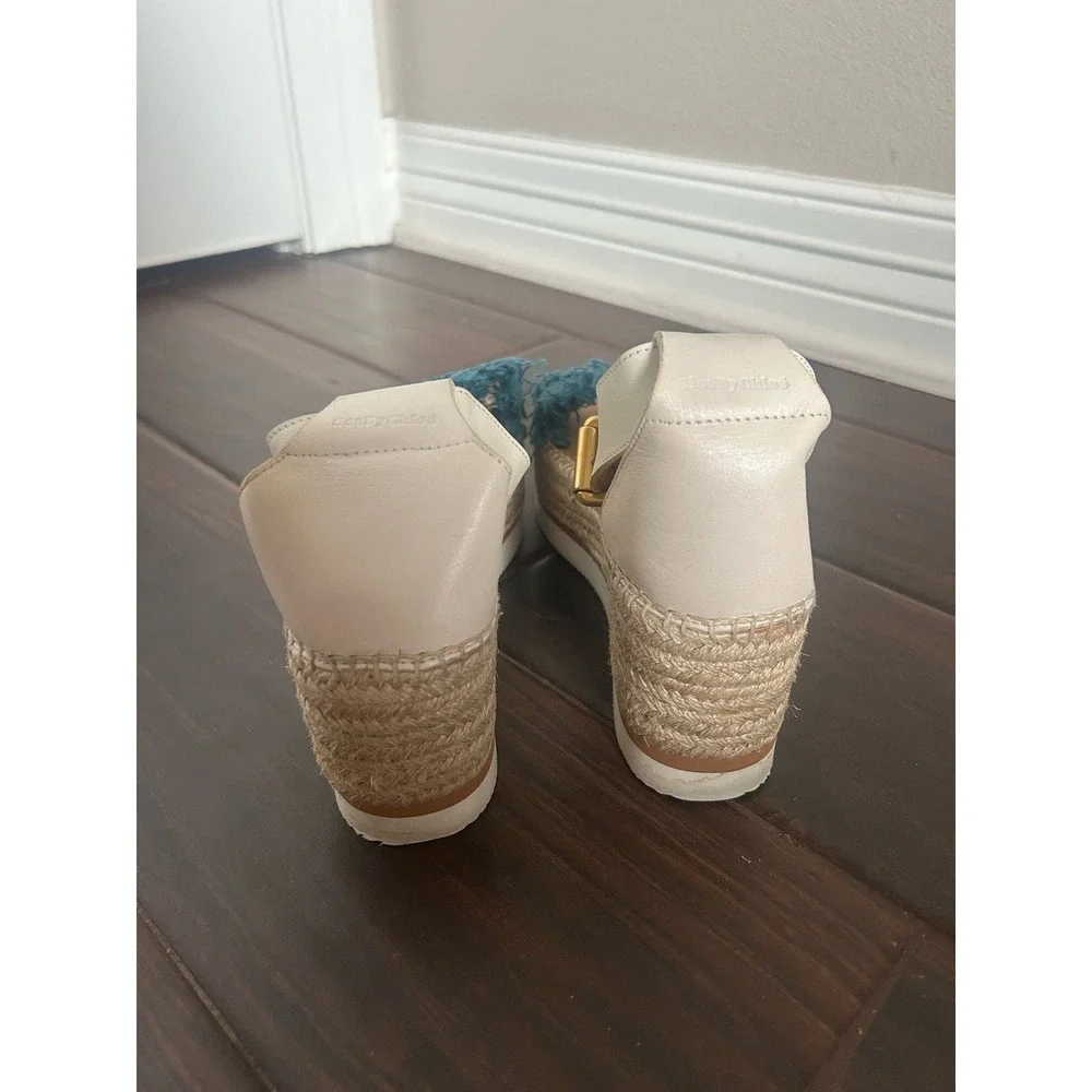 See by Chloe Glyn Denim Ankle Strap Espadrille Wedge Sandals US 8 EU 38350